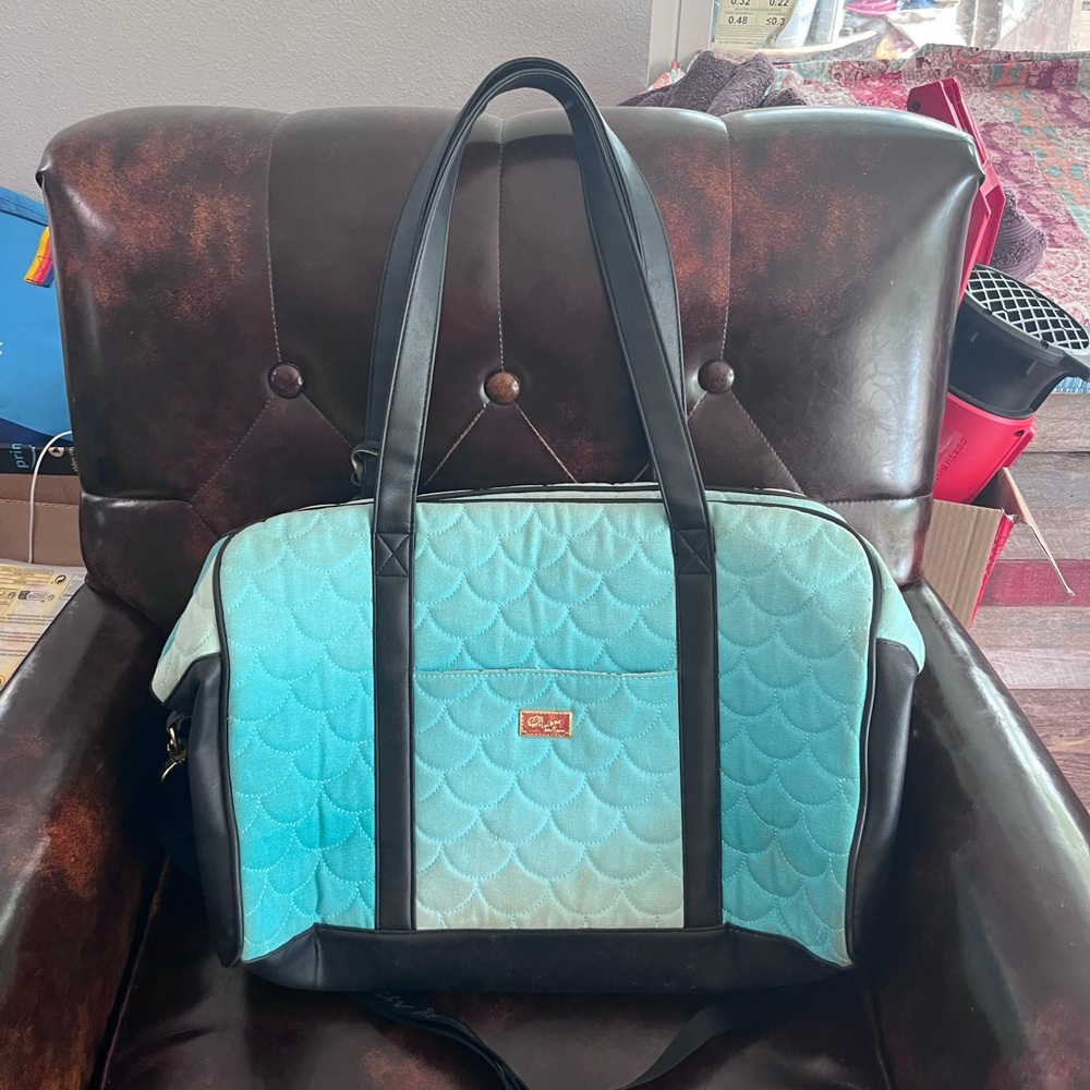 Aqua Ombre Quilted Tote with Black Trim by